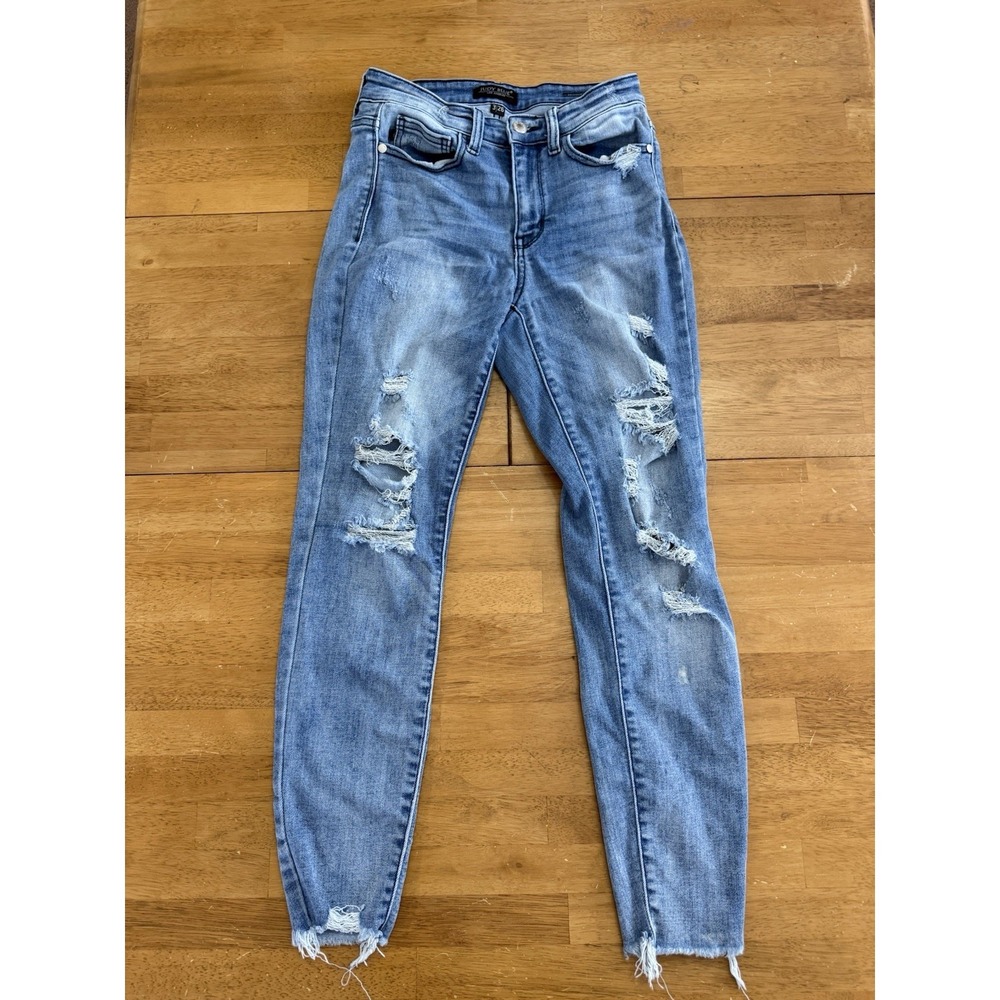 Judy Blue Skinny Fit Jeans Women's Size 3/26 Stretch Raw Hem Light Wash Denim